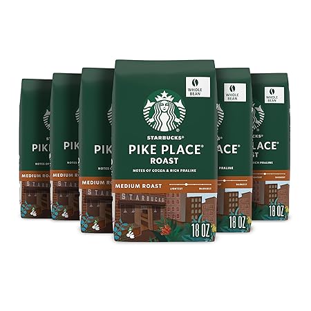 Starbucks Whole Bean Coffee, Medium Roast Coffee, Pike Place Roast, 100% Arabica, 6 bags (18 oz each)