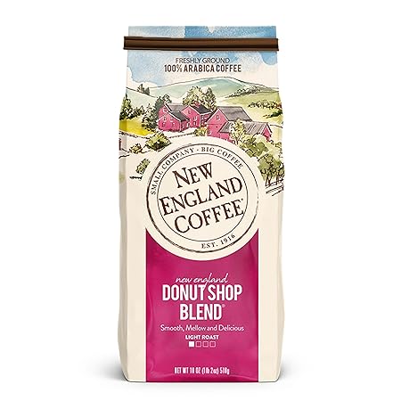New England Coffee Donut Shop Blend Light Roast Ground Coffee, 18oz Bag (Pack of 1)