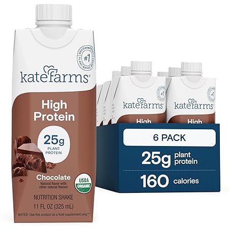 KATE FARMS Organic High Protein Chocolate Nutrition Shake, 25g Protein, 6g Fiber, 27 Vitamins and Minerals, 0g Sugar, Protein Drink, 11 oz (6 Pack)