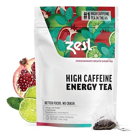 Zest Energy Green Tea - Pomegranate Mojito - High Caffeine Peppermint Tea Bags - Caffeinated Coffee Altnernative/Substitute - Natural, Non-GMO & Keto Friendly - Hot or Iced - 20Ct Pack - 135mg Caf