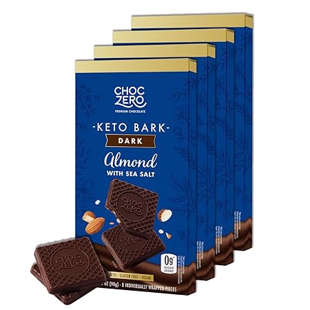 ChocZero Keto Bark, Dark Chocolate Almonds with Sea Salt, Sugar Free, Low Carb, No Sugar Alcohols, No Artificial Sweeteners, All Natural, Non-GMO, 3.2 Ounce (Pack of 4)