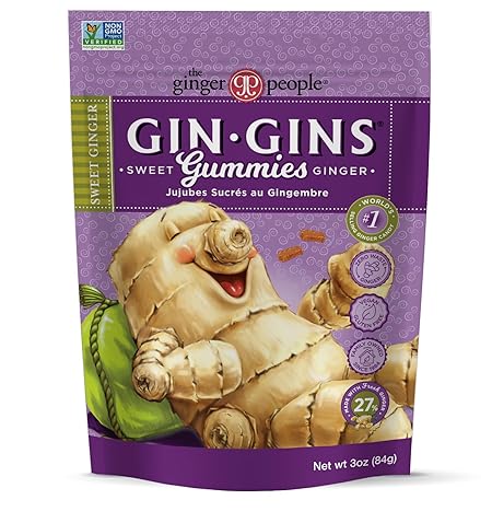 GIN GINS Sweet Ginger Gummies – 100% Natural Candy by The Ginger People – Individually Wrapped Healthy Treats - Made with the Fresh Rhizome – Sweet Gummy Flavor – 3oz Bag – Pack of 1