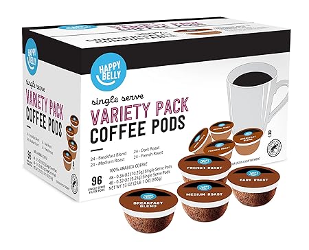 Amazon Brand - Happy Belly Variety Pack Compostable Coffee Pods, Compatible with K-Cup Brewer (Breakfast Blend, Dark/ Medium/ French Roast) 96 count (Pack of 1)