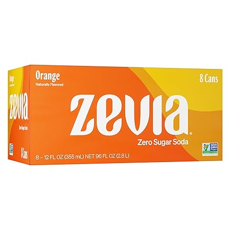 Zevia Zero Sugar Soda, Orange, 12 oz Cans (8-Pack) – Naturally Sweetened, Non-GMO Project Verified, Gluten-Free, Vegan