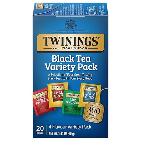 Twinings Variety Pack Black Tea Bags, 20 Count (Pack of 1), Includes English Breakfast, Earl Grey, Irish Breakfast, and Lady Grey, Caffeinated, Enjoy Hot or Iced, 20 Teabags
