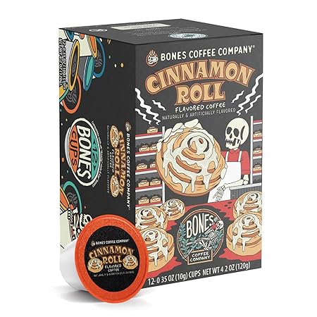 Bones Coffee Company Cinnamon Roll Flavored Coffee Pods, Low Acid Medium Roast Single-Serve Bones Cups, Compatible with 1.0 & 2.0 K-Cups Brewers Coffee Maker, 12 Count