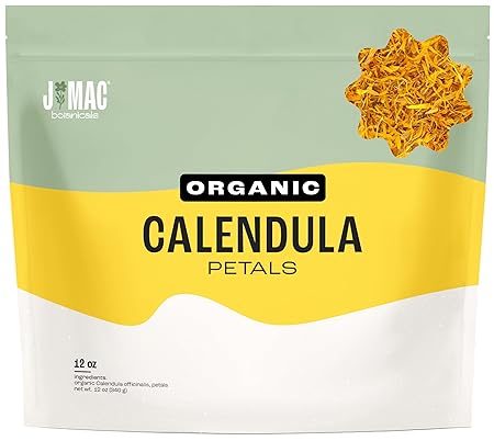J Mac Botanicals, Organic Calendula Petals (12 oz) edible dried flowers, pairs well with rose petal for ice cubes, cooking, beverages, and bath bombs