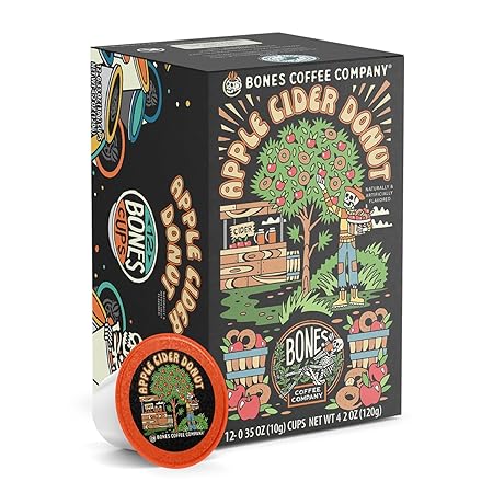 Bones Coffee Company Apple Cider Donut Flavored Coffee Pods, Low Acid Medium Roast Single-Serve Bones Cups, Compatible with 1.0 & 2.0 K-Cups Brewers Coffee Maker, 12 Count