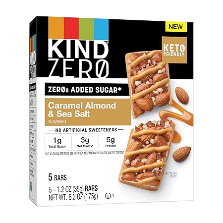 KIND ZERO Added Sugar Bars, Caramel Almond & Sea Salt, Keto Friendly Snacks, Gluten Free, 5g Protein, 5 Count
