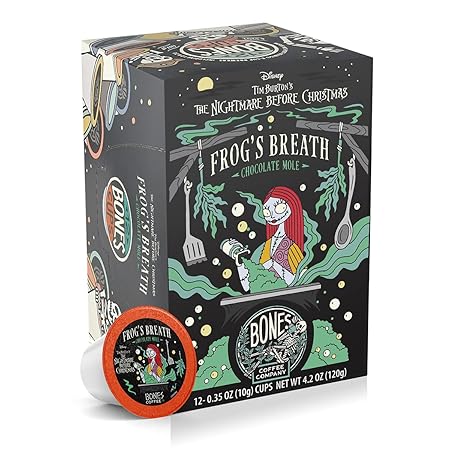 Bones Coffee Company Frog's Breath, Chocolate Mole Flavored Coffee Pods, Low Acid Medium Roast Single-Serve Bones Cups for K-Cups Brewers Coffee Maker from The Nightmare Before Christmas, 12 Count