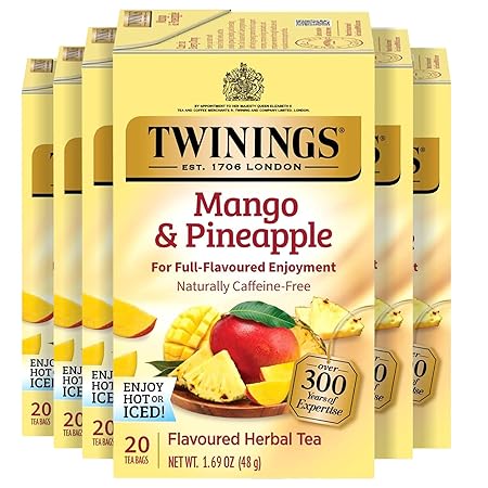 Twinings Mango & Pineapple Herbal Tea Individually Wrapped Bags, 20 Count (Pack of 6), Naturally Caffeine-Free, Enjoy Hot or Iced, 120 Teabags