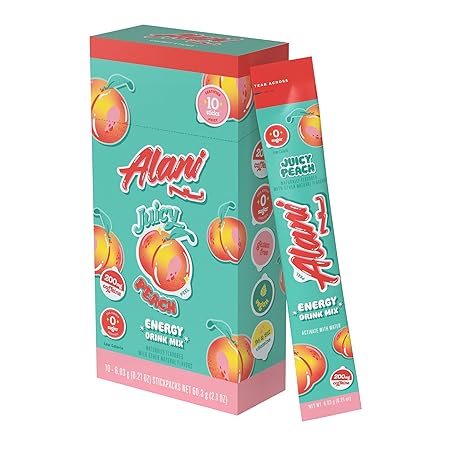 Alani Nu JUICY PEACH Energy Sticks | Energy Drink Powder | 200mg Caffeine | Pre Workout Performance with Antioxidants | On-The-Go Drink Mix | Biotin, B Vitamins | Zero Sugar | 10 Calories | 10 Pack