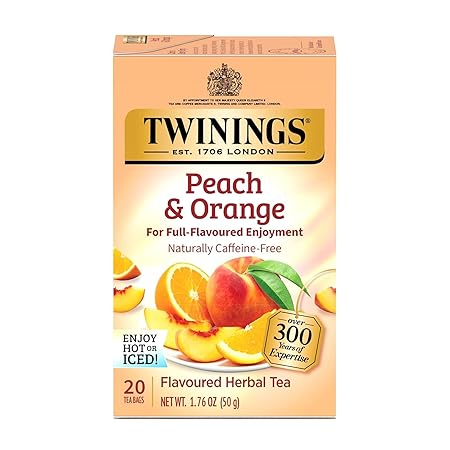 Twinings Peach & Orange Herbal Tea Individually Wrapped Bags, 20 Count (Pack of 1), Juicy & Fruity, Naturally Caffeine-Free, Enjoy Hot or Iced, 20 Teabags