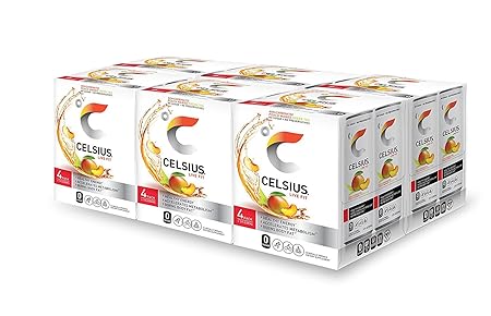 CELSIUS Peach Mango Green Tea, Functional Essential Energy Drink 12 Fl Oz, 4 count (Pack of 6)