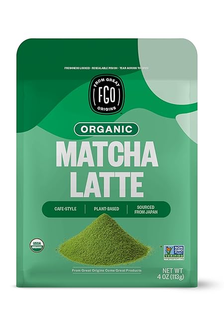 FGO Organic Matcha Latte Powder, 4 Ounce Resealable Bag, Japanese Matcha with Organic Cane Sugar, Lightly Sweetened, Packaging May Vary (Pack of 1)