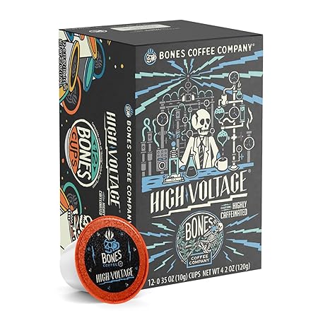 Bones Coffee Company Flavored Coffee Bones Cups High Voltage Flavored Pods | 12ct Single-Serve Coffee Pods Compatible with Keurig 1.0 & 2.0 Keurig Coffee Maker