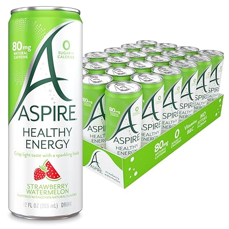 ASPIRE® Strawberry Watermelon, Healthy Energy Drink 80mg Natural Caffeine, Zero Sugar No Carbs Keto Friendly, 24 Pack Green Tea Sugar Free Drink Low Caffeine Zero Calorie