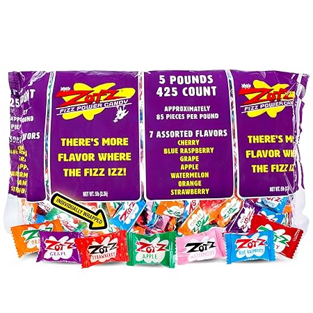 Zotz Fizzy Bulk Candy (Assorted, 425 Units)- Hard Candy Individually Wrapped- Assorted 7 Fruit Flavors, Cherry, Watermelon, Strawberry, Blue Raspberry, Apple, Orange & Grape- From Italy Since 1970