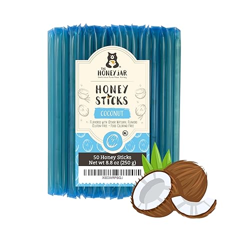 The Honey Jar Coconut Flavored Honey Sticks - Pure Honey Straws For Tea, Coffee, or a Healthy snack - One Teaspoon of Flavored Honey Per Stick - Made In The USA with Real Honey - (50 Count)