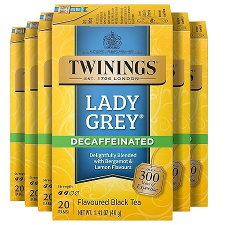 Twinings Decaffeinated Lady Grey Black Tea Individually Wrapped Bags, 20 Count (Pack of 6), Orange Peel & Lemon Peel, Enjoy Hot or Iced, 120 Teabags