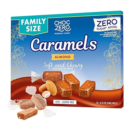ChocZero Sugar Free Almond Caramels, Soft and Chewy with Roasted Almonds, Keto Candy, All Natural, Low Carb Snack (9oz Box)