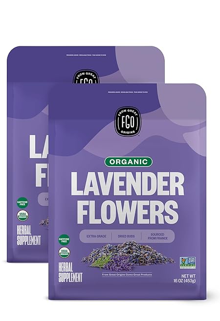 FGO Organic Dried Lavender Flowers, Extra Grade Dried Buds, Imported From France for Culinary or Sachet Bags, 16oz Bulk, Packaging May Vary (Pack of 2)
