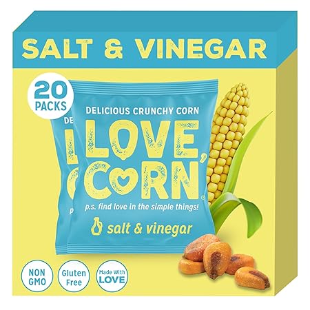 LOVE CORN Salt & Vinegar 0.7oz x 20 Bags - Delicious Crunchy Corn - Healthy Family Snacks - Gluten Free, Kosher, NON-GMO - Alternative for Chips, Nuts, Crackers & Pretzels - Perfect for Charcuterie Boards