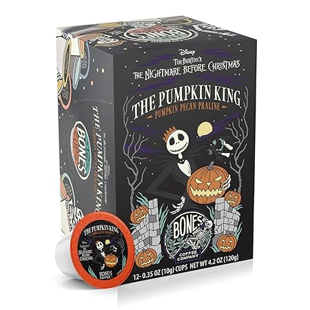 Bones Coffee Company Pumpkin King, Pumpkin Pecan Praline Flavored Coffee Pods, Low Acid Medium Roast Single-Serve Bones Cups for K-Cups Coffee Maker from The Nightmare Before Christmas, 12 Count