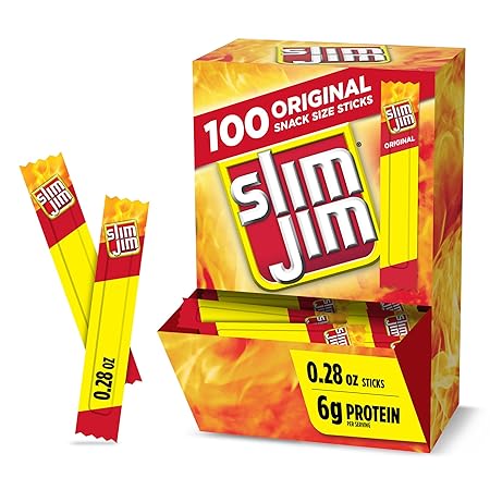 Slim Jim Smoked Meat Sticks, Original Flavor, 6g Protein Per Serving, Snack Size, Halloween Snack, 0.28 oz. (100 Count)
