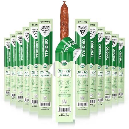 Mission Meats 100% Certified Organic Beef Sticks – Pasture-Raised, Zero Sugar, Non-GMO, Healthy Individually Wrapped Meat Sticks Snack, 0.75oz (24 Count)