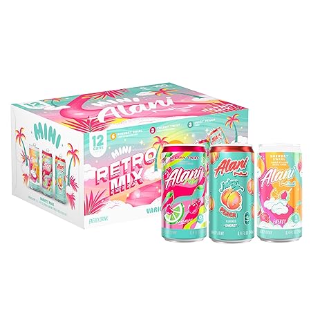 Alani Nu RETRO VARIETY PACK (Sherbet Swirl, Juicy Peach and Cherry Twist), Low Calorie Energy Drinks, 100mg Caffeine, Biotin, B Vitamins, Zero Sugar, 10 Calories or Less, 8 Fl Oz Cans, 12 Pack