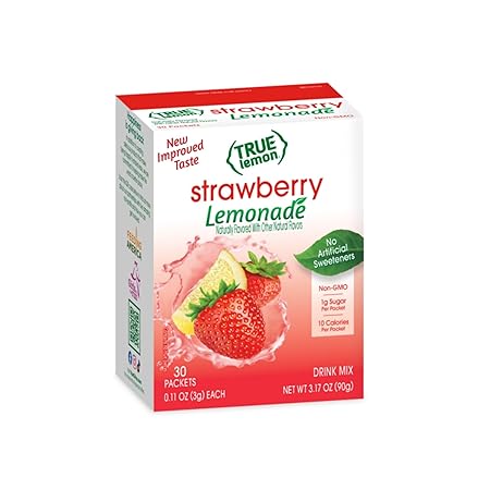 True Citrus True Lemon Strawberry Lemonade Water Enhancer Drink Mix (30 Count), Low Calorie Drink Mix Packets for Water, Powdered Drink Mixes & Flavors, Individual Drink Packets with Stevia