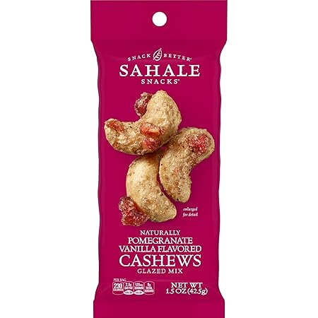 Sahale Snacks Pomegranate Vanilla Cashews, 1.5 oz Bags (18 Packs) - Dry-Roasted Deluxe Mixed Nuts with Pomegranate Infused Apples & Madagascar Vanilla - Non-GMO, Kosher, & Certified Gluten-Free Snacks