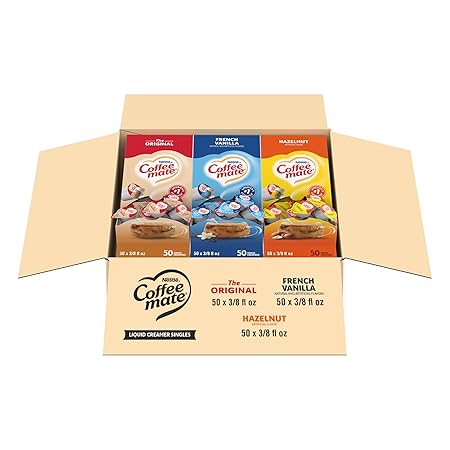 Nestle Coffee mate Creamer Singles Variety Pack, Original, French Vanilla, Hazelnut, Non Dairy, No Refrigeration, 0.375 fl oz Tubs, 150 Count (Pack of 50 Per Flavor)