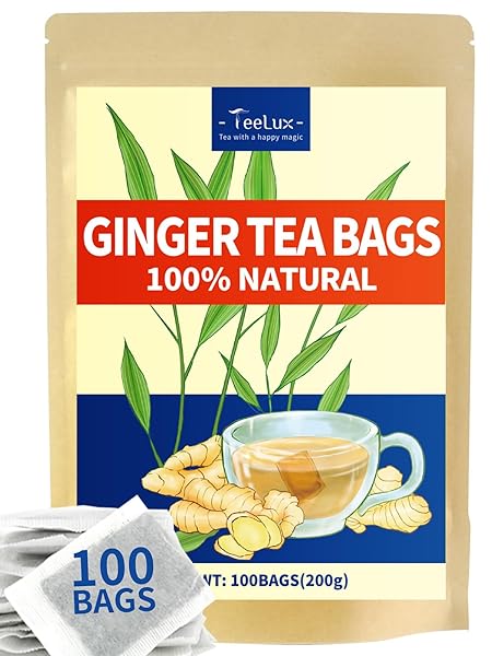 TeeLux Ginger Tea Bags, Natural Ginger Root Tea, Spicy & Zesty & Warm Flavor, Caffeine Free, 100 Count