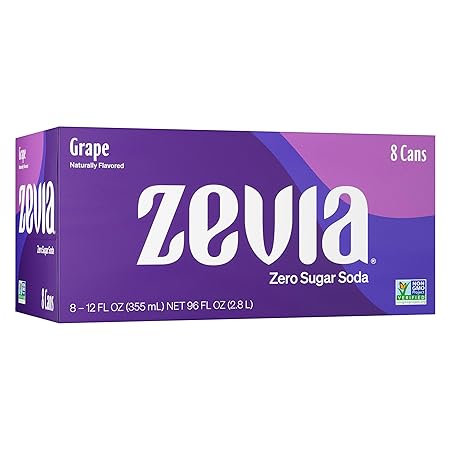 Zevia Zero Sugar Soda, Grape, 12 oz Cans (8-Pack) – Naturally Sweetened, Non-GMO Project Verified, Gluten-Free, Vegan