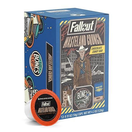 Bones Coffee Company Fallout Wasteland Crunch, Chocolate Candy Bar Flavored Coffee Pods, Low Acid Medium Roast Single-Serve Bones Cups, Compatible with 1.0 & 2.0 Capsule Brewers Coffee Maker, 12 Count