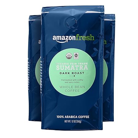 Amazon Fresh Organic Fair Trade Sumatra Whole Bean Coffee, Dark Roast, 12 Ounce (Pack of 3)