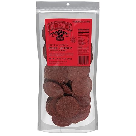 Old Trapper Double Eagle Beef Jerky, Hot & Spicy Flavor, 21 Ounce Package, Natural Wood Smoked Meat Snacks, 10 Grams of Protein and 80 Calories per Serving (Pack of One)
