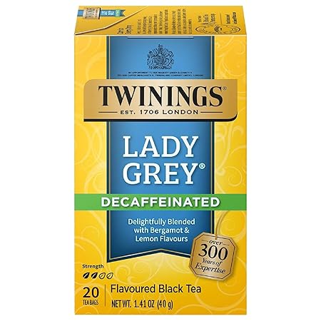 Twinings Decaffeinated Lady Grey Black Tea Individually Wrapped Bags, 20 Count (Pack of 1), Orange Peel & Lemon Peel, Enjoy Hot or Iced, 20 Teabags