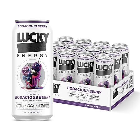 Lucky Energy Sugar Free Energy Drinks 16 Fl Oz Cans (12-Pack) Healthy Energy Drink. Bodacious Berry with Maca, Ginseng, Taurine, Beta-Alanine, 200mg Caffeine