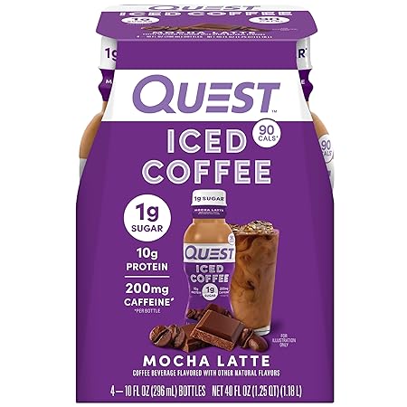 Quest Nutrition Iced Coffee, Mocha Latte, 1g of Sugar, 10g of Protein, 90 calories, 200mg of caffeine, 4 Count