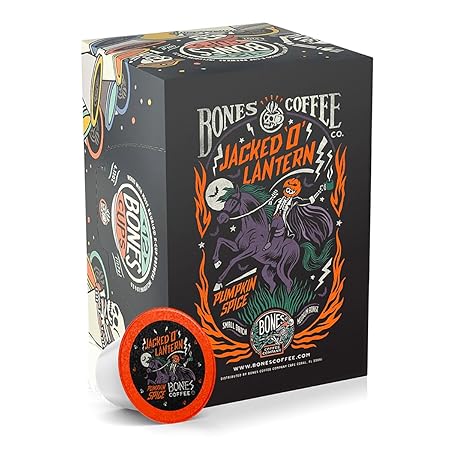 Bones Coffee Company Jacked 'O' Lantern, Pumpkin Spice Flavored Coffee Pods, Low Acid Medium Roast Single-Serve Bones Cups, Compatible with 1.0 & 2.0 K-Cups Brewers Coffee Maker, 12 Count