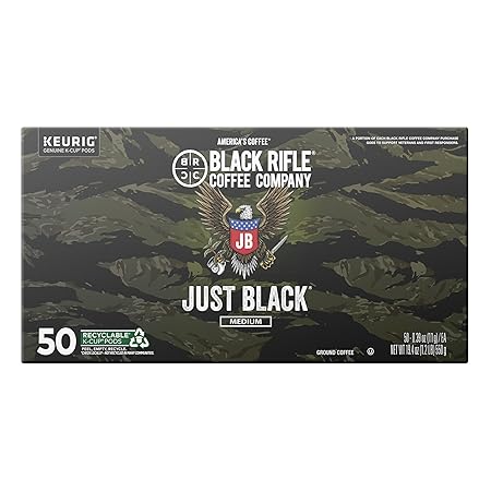 Black Rifle Coffee Company Just Black, 50 Count, Medium Roast K Cups - Single Serve K Cups Coffee Pods - Kcup Pods Compatible with 1.0 & 2.0 - Made from Arabica Beans