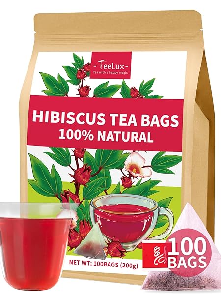 TeeLux Hibiscus Tea Bags, Natural Hibiscus Flowers Herbal Tea, Caffeine Free, Refreshing Tart Flavor, Hot & Iced Tea, 100 Count