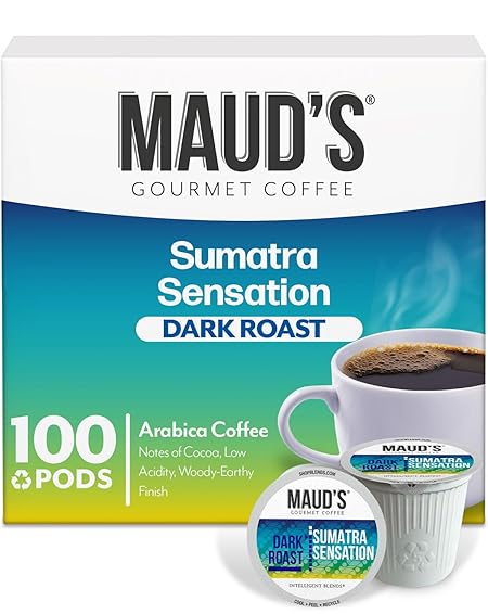 Maud's Sumatra Coffee Pods, 100 ct, Dark Roast Coffee in Recyclable Single Serve Pods – 100% Arabica Coffee, Compatible with Keurig K Cups Maker