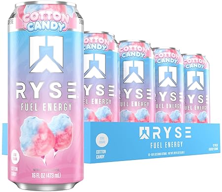 RYSE Fuel Energy Drink - Cotton Candy - Sugar Free, Gluten Free & Vegan - 200mg Natural Caffeine, Taurine & Choline for Focus & Energy - No Artificial Colors - 16 fl oz Cans (12-Pack)