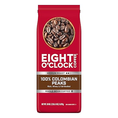Eight O'Clock Coffee 100% Colombian Peaks Whole Bean Coffee, Medium Roast, 38 Ounce (Pack of 1) - Rich, Winey & Full Bodied