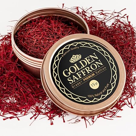 Golden Saffron, Finest Pure Premium All Red Saffron Threads, Grade A+ Super Negin, Non-GMO Verified. For Tea, Paella, Rice, Desserts, Golden Milk and Risotto (15.0 Grams)