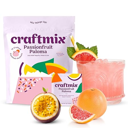 Craftmix Passionfruit Paloma Cocktail & Mocktail Drink Mixer, Skinny Mixes - Water Flavoring Packets - Made With Real Fruit - Vegan, No-Carb, No-Sugar, Non-GMO, Dairy Free, Gluten Free, 12 Pack
